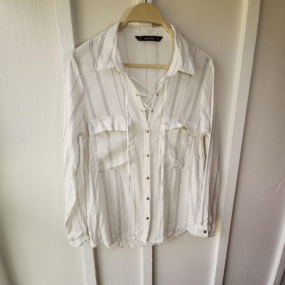 Zara Basic Linen Blend Lace Up Stripe Print Top White Striped